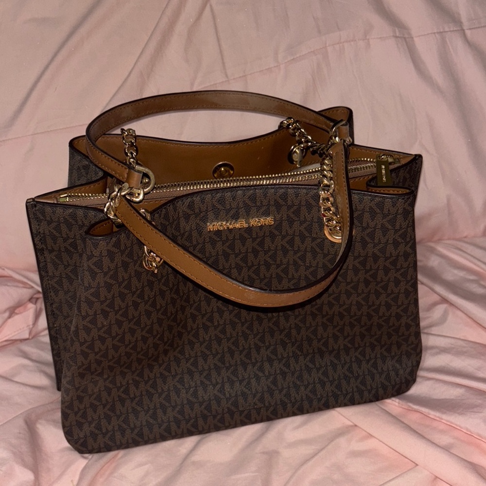Michael Kors Brown Tote with Monogram Print and Leather Trim